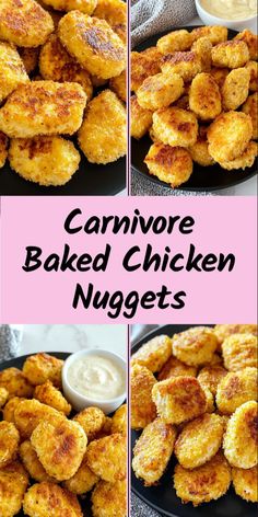 several pictures of baked chicken nuggets on a plate