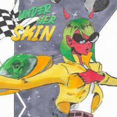 a drawing of a woman with an alien skin on her face and yellow jacket, holding a checkered flag