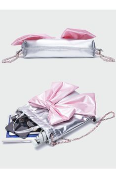 Pink Bow Tie Silver Hobo Bag | Bag | Three Fleas Y2k Nostalgia, Pink Bow Tie, Bag Bag, Pink Bow, Stylish Accessories, Hobo Bag, Bow Tie, Sleek Design, The Modern