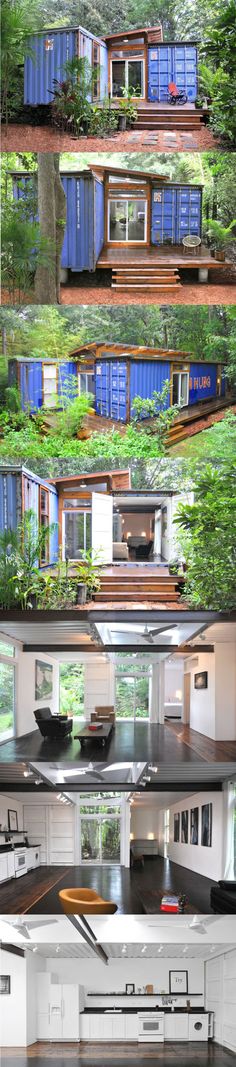 four different views of the inside of a house with windows and plants growing out of them