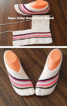 two pictures showing how to crochet slippers and the bottom part of them