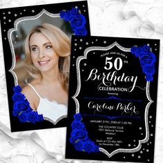 a birthday party card with blue roses on the front and black, white and silver background