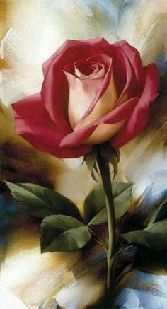 a painting of a red rose with green leaves