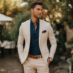 Elevate your summer style with this effortlessly chic look. Pair a light blazer with a dark shirt for a sophisticated yet relaxed vibe. Perfect for any warm-weather occasion, this outfit strikes the right balance between casual and classy. #MensFashion #SummerStyle #BlazerOutfits #MensWear #FashionInspo #SummerTrends #Dapper #OOTD Beige Blazer Outfit Men Wedding, Beige Blazer Outfit Men, Mx Dresses, Blazer Outfits Men Classy, Pastel Groomsmen, Blazer Outfits Men Wedding, Casual Blazer Outfits Men, Summer Wedding Suit, Beige Blazer Outfit