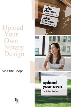 the front and back cover of an advertisement for upload your own notary design