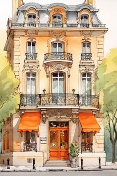 a watercolor painting of a building with orange awnings