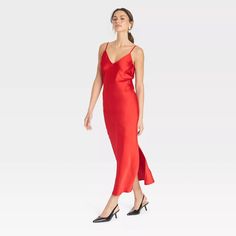 Women's Midi Slip Dress - A New Day™ Red M : Target Fitted Slip Dress For Date Night, Summer Sleeveless Sheath Dress For Date Night, Casual Sleeveless Satin Slip Dress, Fitted Slip Dress For Date Night In Spring, Summer Sheath Sleeveless Dress For Date Night, Casual Fitted Sleeveless Slip Dress, Sleeveless Fitted Slip Dress For Daywear, Fitted Sleeveless Slip Dress For Daywear, Spring Daywear Midi Dress With Bias Cut