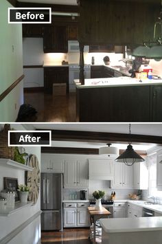 before and after pictures of a kitchen remodel with white cabinets, dark wood floors, and stainless steel appliances