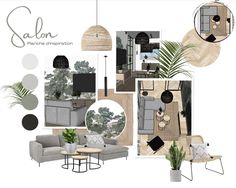 a living room filled with lots of furniture and decorating items in shades of grey