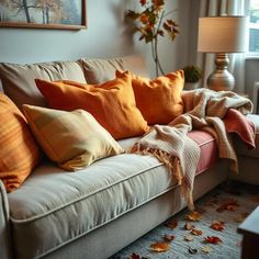 a couch with many pillows on it in front of a window filled with autumn leaves