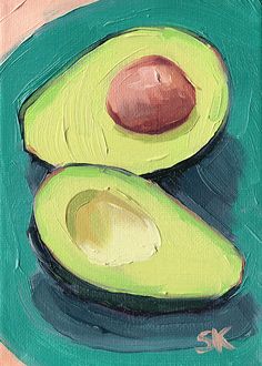 an acrylic painting of two avocados on a green plate