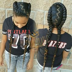 Two feed-in braids with small cornrows on the sides #fashion she say it remind her of @iamcardib hairstyles. Can't wait to start doing her… Side Part Feed In Braids, Two Feed In Braids, Two Braids Style, Small Cornrows, Feed In Braids, Two Braid Hairstyles, Feed In Braids Hairstyles, Feed In Braid, Two Braids