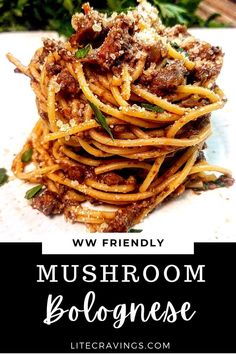 mushroom bolognzoe with parmesan cheese on top and text overlay