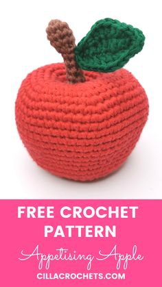 an apple is shown with the text free crochet pattern for this appetizing apple