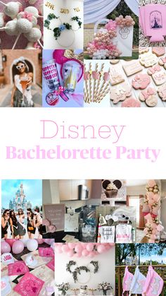 a collage of pink and white pictures with the words disney bachelor party