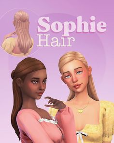 two young women standing next to each other in front of a purple background with the words sophiie hair on it