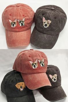 Set of three washed cotton baseball caps with embroidered dog faces. The front cap is faded red with two small dog faces, while the others are in dark shades, each with a single embroidered dog face. Embroidered Dog, Personalized Dog Gift, Personalized Hats, Dog Photo, Cat Portrait, Cat Portraits, Personalized Dog, Gift For Dog, Dog Portraits