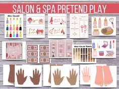 the salon and spa pretend play is displayed on a wooden table with lots of different items