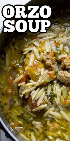 a pot filled with pasta and meat soup