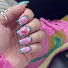 Summer Nail Ideas 2024, Cool Nails Acrylic, Pink On Pink Nails, Blue Pink Nails, Summer Nail Design Ideas, Shorties Nails, Acrylic Toes, Summer Toe Nails