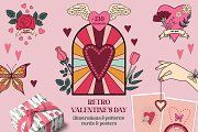 valentine's day greeting card with pink background and hearts, flowers, bows, and more