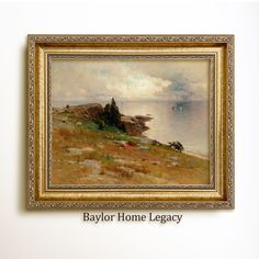 a painting hanging on the side of a white wall next to a brown and gold frame