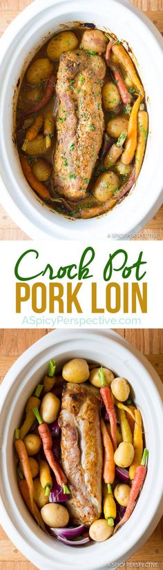 pork loin with potatoes and carrots in a white bowl