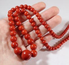 -Antique 8k Gold Natural Red Coral Beaded Necklace -Total length: 22.75 in -Bead size: 3.7 mm ~ 13 mm -Bead on clasp size: 5.5 mm -Total weight: 33.5 g -Marked 333 & JKa -Have some hairline cracks Classic Red Coral Formal Jewelry, Classic Red Beaded Jewelry, Classic Round Polished Beads, Classic Handmade Red Necklace, Formal Red Coral Beaded Necklace, Formal Red Round Beaded Jewelry, Classic Red Gemstone Beads Necklace, Classic Red Necklace With Gemstone Beads, Classic Red Necklace With Polished Beads