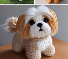 there are two pictures of small dogs made out of crocheted yarns, one is brown and the other is white