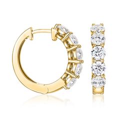 Ross-Simons - 2.30ct t. w. Moissanite Hoop Earrings in 18kt Yellow Gold Over Sterling. 3/4". If you're looking for big sparkle for a nice price, this pair is a winner across the board! Our classic hoop earrings are iced by 2.30 ct. t. w. round brilliant-cut moissanite gems and set in high-polished 18kt yellow gold over sterling silver. Hanging length is 3/4". Hinged post, moissanite hoop earrings. Yellow Gold Hoop Earrings With Brilliant Cut, Classic Hoop Earrings With Prong Setting, Classic Gia Certified Hoop Diamond Earrings, Gia Certified Classic Hoop Diamond Earrings, Yellow Gold Hoop Earrings With Prong Setting, Yellow Gold Diamond Earrings With Vs Clarity, Classic Cubic Zirconia Hoop Earrings, Luxury Round Huggie Earrings With Prong Setting For Anniversary, Round Huggie Earrings With Prong Setting For Anniversary