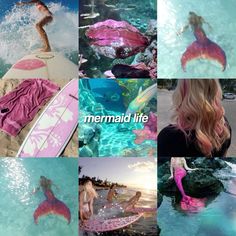 a collage of photos with mermaids swimming in the water and on surfboards