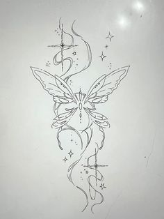 a drawing of a butterfly with stars and swirls on it's back side