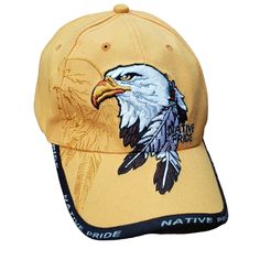 New Native Pride Eagle Feather Cap Hat Yellow Embroidered Twill Mens Snap Back * Adjustable * Acrylic * New Without Tags Native American History Eagle Pride Feather Everyday Wear Festival 5211023 Yellow Snapback Hat With Embroidered Logo, Yellow Embroidered Snapback Hat, Eagle Feathers, Snap Backs, Native American History, Adjustable Hat, Festival Wear, Hats For Men, Nativity