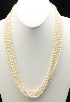 -Vintage 5 strand white pearls and 14K yellow gold clasp necklace-Marked 14K and a stylized makers mark (looks like the Greek letter Psi right-side up and upside down overlapped)-Pearls range approx 3.50mm-4.11mm-Fancy hook and eye clasp-Wearable length: 21"-Weight: 63.2g-Beautiful delicate yet bold strand of pearls Antique Necklaces Design, Layered Pearl Necklace, Antique Necklaces, Valentine Gifts For Girlfriend, Long Pearl Necklaces, Antique Jewelry Indian, Pearl Jewelry Wedding, Pearl Necklace Earrings, Pearl Strand