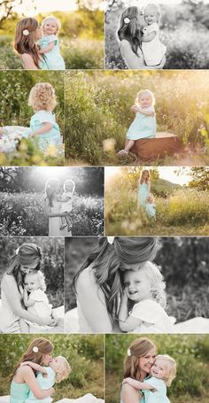 a woman holding a baby in her arms and posing for the camera with other photos