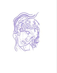 a drawing of a woman's face with curly hair and eyes closed in blue ink