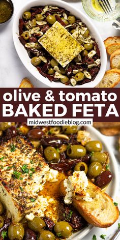 Baking dish filled with baked feta with olives and tomatoes Baked Feta And Olive Dip, Olive Feta Appetizer, Feta Olive Bake, Baked Feta And Artichoke Dip With Olive Gremolata, Baked Feta And Olives, Warm Feta Dip With Marinated Olives, Olive And Cheese Appetizer, Olives And Feta Cheese, Feta And Olive Appetizer