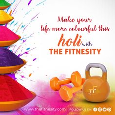 an advertisement for the fitness company with colorful powders and dumbbells in front of it