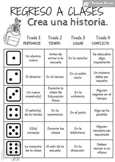 a spanish game with dices and words on the side, in black and white