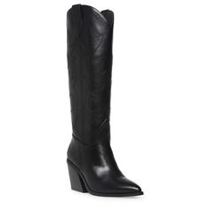 Make a cool statement in the Madden Girl Arizona boot. This tall Western-inspired style goes with both dresses and jeans. Size: 9.5. Color: black pari. Gender: female. Age Group: adult. Pattern: Solid. Tall Black Western Boots, Black Western Knee High Boots, Black Cowgirl Boots Boot Barn, Y’all Black Cowboy Boots, Knee High Western Boots, Western Dress With Boots, Cute Ankle Boots, Black Western Knee-high Boots Medium Width, Madden Girl Shoes