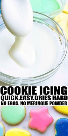 cookies being dipped with icing in front of the words cookie icing quick easy diy ideas hard no eggs, no meringue powder