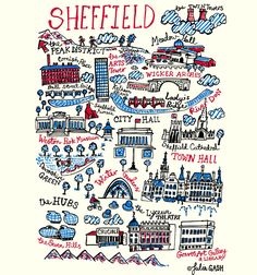 a framed print with the words sheffield written in red and blue ink on white paper