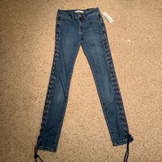 New With Tags! Never Worn. Skinny Jeans With Lace Up Side Jeans With Lace, Lace Up Jeans, Celebrity Pink Jeans, Rockstar Jeans, Black Jeggings, Aeropostale Jeans, Floral Jeans, Flying Monkey Jeans, Pink Jeans