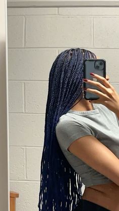 “Indigo” outre xpression small knotless braids Blue Knotless Braids With Curls, Midnight Blue Knotless Braids, Indigo Braids, Dark Blue Braids For Black Women, Dark Blue Box Braids, Midnight Blue Braids, Black And Blue Braids