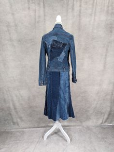 "Upcycled long denim jacket/trench with frayed seams. Bust measures 38\" when buttoned. Length is 49\"." Dusters For Women, Long Denim Coat, Denim Duster, Long Denim Jacket, Recycle Jeans, Womens Jackets, Trench Jacket, Dusters, Denim Coat