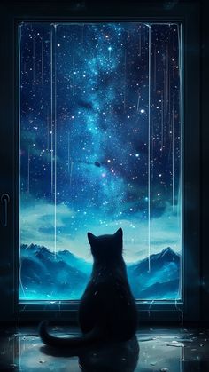 a cat sitting in front of a window looking at the stars