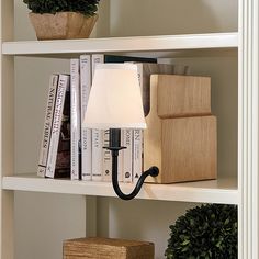 a lamp on a book shelf next to some books and a potted plant in the corner