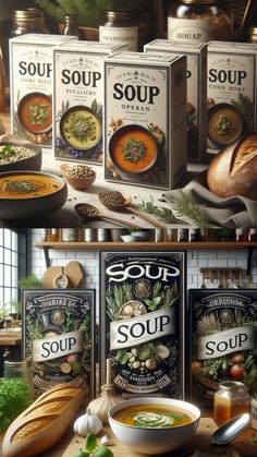 the soup is being displayed in two different pictures, and there are three boxes with soup on them