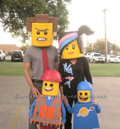 three people in lego costumes are posing for a photo with one person wearing a costume