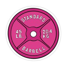 a pink sticker with the words standard and barbell in white lettering on it